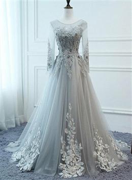 Picture of Light Grey Tulle Long Sleeves A-line Formal Dresses, Grey Party Dresses Formal Dresses